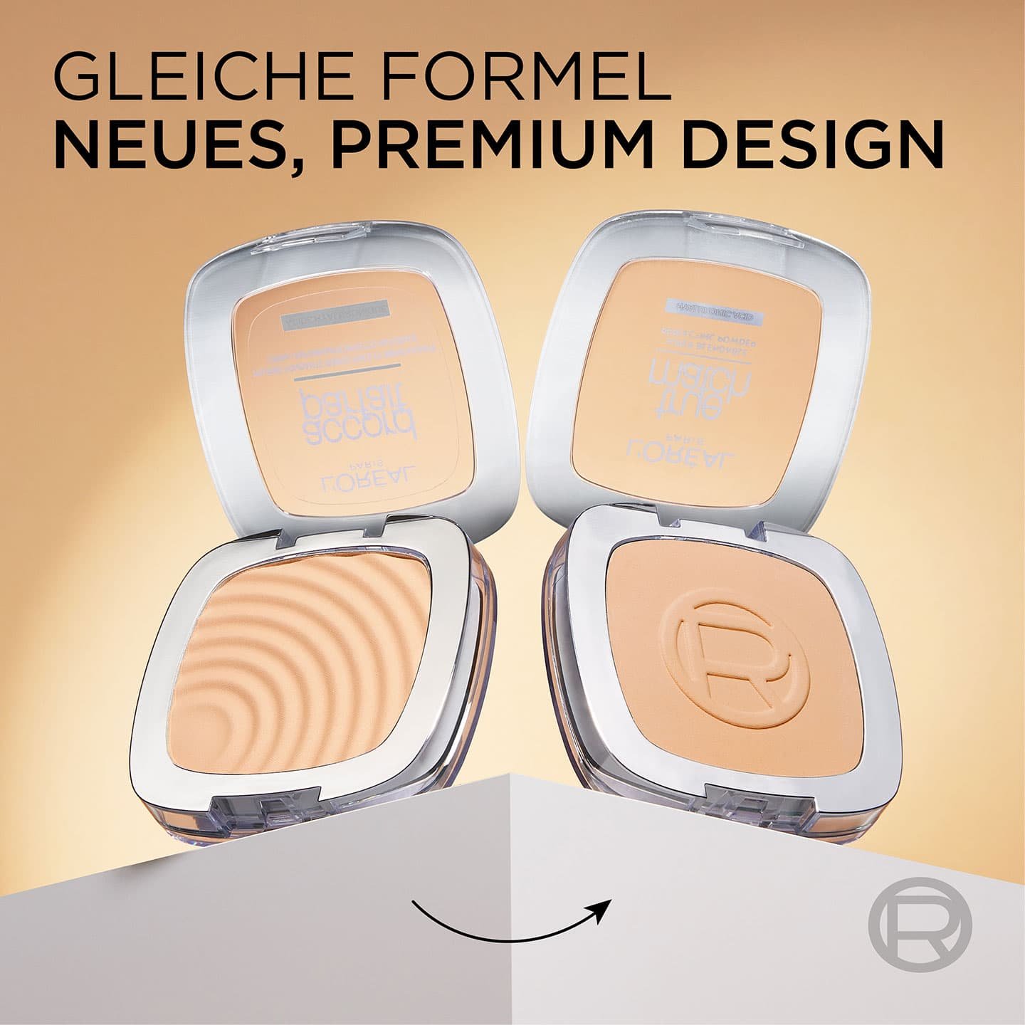 2 Tiegel geöffnet auf einem Sockel darunter Text - gleiche Formel, neues premium Design